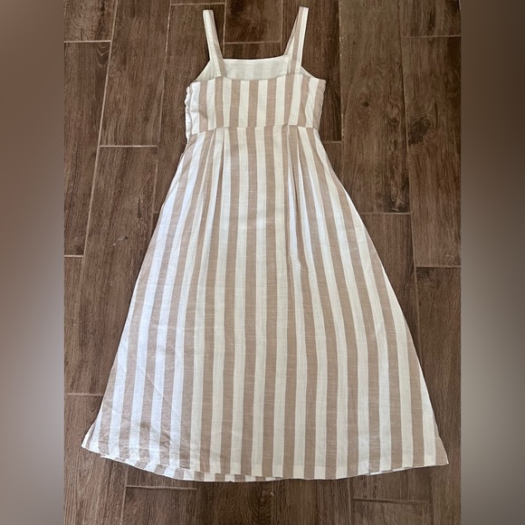 Mango A-Line Linen Dress Sz 2 Square Neck Midi Side Buttons Tan White Stripe New - Picture 5 of 8
